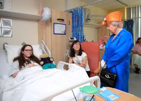 Britain's Queen Elizabeth speaks to Amy Barlow, 12, from Rawtenstall, Lancashire, and her mother, Kathy during a visit to the Royal Manchester Children's Hospital in Manchester, Britain May 25, 2017. REUTERS/Peter Byrne/Pool