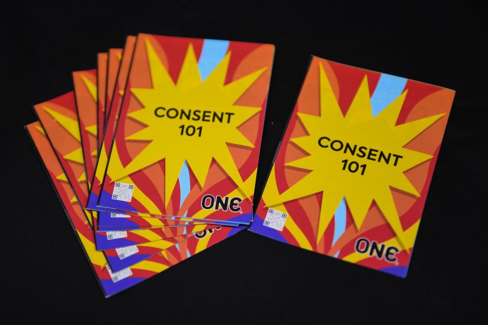 A pile of pamphlets on how to properly communicate sexual consent on Tuesday, Oct. 10, 2023 at Muenster University Center in Vermillion, South Dakota.