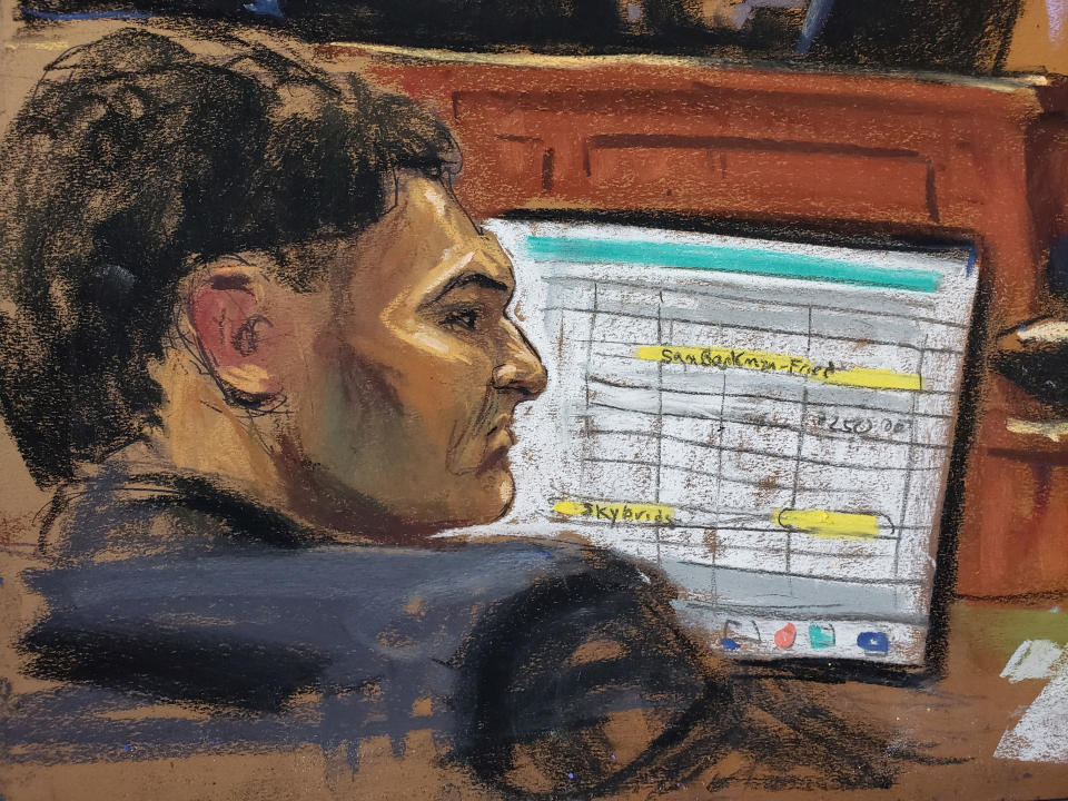 Sam Bankman-Fried sits during his fraud trial over the collapse of FTX, the bankrupt cryptocurrency exchange, at Federal Court in New York City, U.S., October 16, 2023 in this courtroom sketch. REUTERS/Jane Rosenberg