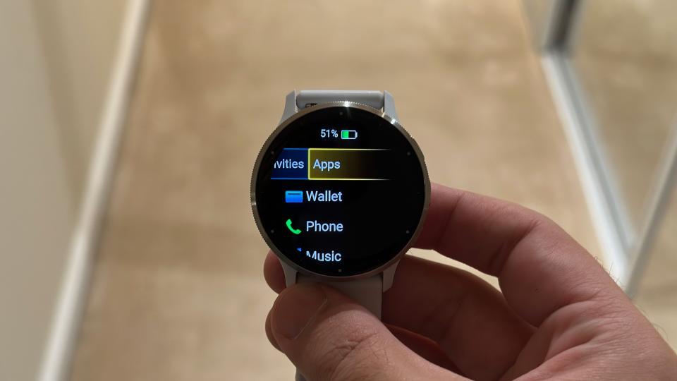 The menu showing Activities and Apps on the Garmin Venu 3