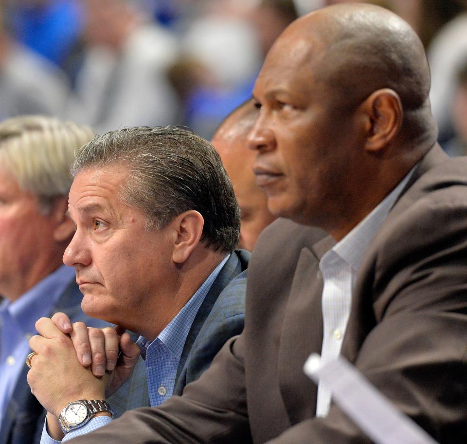 John Calipari and  Kenny Payne watch UK action in October.
 Timothy D. Easley/Special to Courier Journal
Kentucky Wildcats head coach John Calipari, left. and assistant coach Kenny Payne watch the acton during the second half of their game against Thomas More, Friday, Oct. 27, 2017 in Lexington Ky. Kentucky won 103-61.
