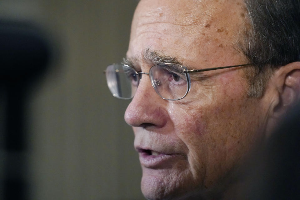 Mississippi Republican Lt. Gov. Delbert Hosemann addresses reporters in Jackson, Miss., after winning the Republican primary for lieutenant governor Tuesday, Aug. 8, 2023. Jackson, Miss. Hosemann defeated two challengers in the primary. (AP Photo/Rogelio V. Solis)