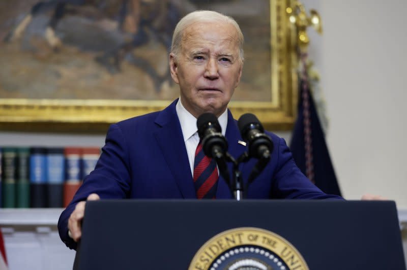 President Joe Biden delivers remarks on the collapse of the Francis Scott Key Bridge in Baltimore from the Roosevelt Room of the White House on Tuesday, promising "all the federal resources" to rebuild the span. Photo by Samuel Corum/UPI