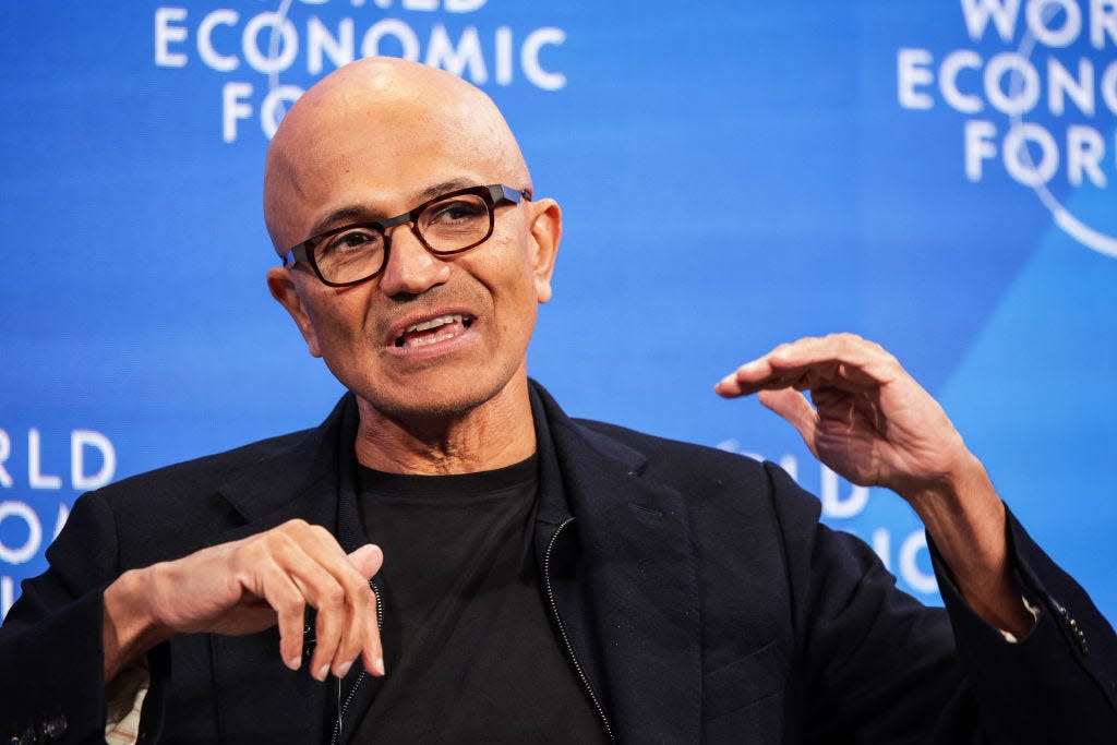 Satya Nadella, CEO of Microsoft, speaks at a discussion event at the World Economic Forum. The annual meeting of the World Economic Forum is regarded as one of the most important meeting places for top politicians, top managers and scientists. Debates and confidential meetings focus on solutions to global challenges.