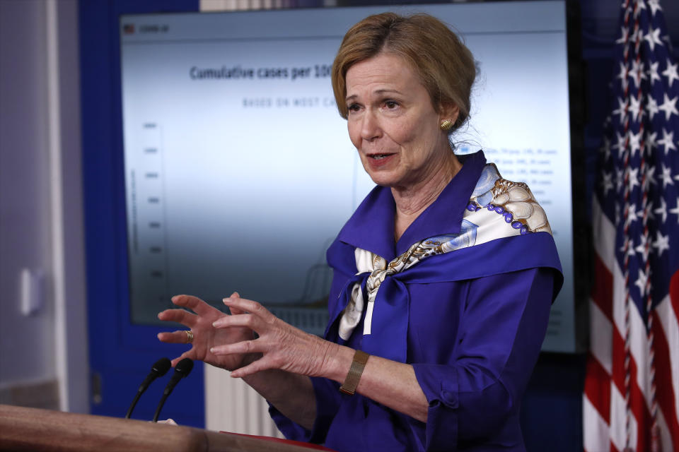 Dr. Deborah Birx, White House coronavirus response coordinator, speaks with reporters about the coronavirus in the James Brady Briefing Room of the White House, Friday, May 22, 2020, in Washington. (AP Photo/Alex Brandon)