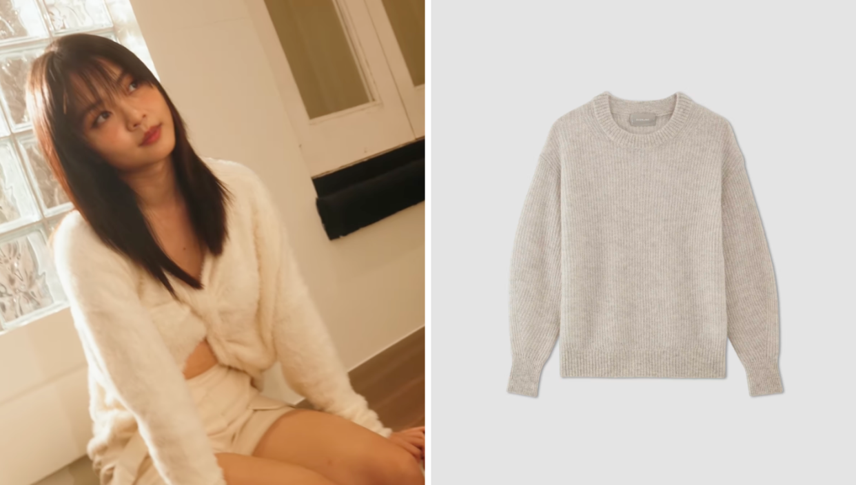 Mediacorp artiste Chantalle Ng pictured at her home in a cosy sweater; Everlane Alpaca's sweater. (PHOTO: Chantalle Ng/Instagram; Everlane)