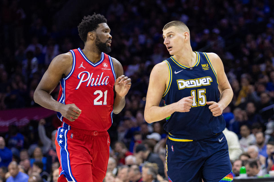 Philadelphia 76ers center Joel Embiid and Denver Nuggets counterpart Nikola Jokic have been the odds-on NBA MVP favorites for much of the season. (Bill Streicher/USA Today Sports)