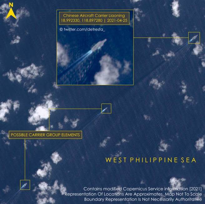 遼寧艦編隊返航經過巴士海峽時由地球觀測衛星哨兵2號拍攝到的圖片，經網友標明圖內各艦名稱位置。(圖／推特@OSINT_313)
