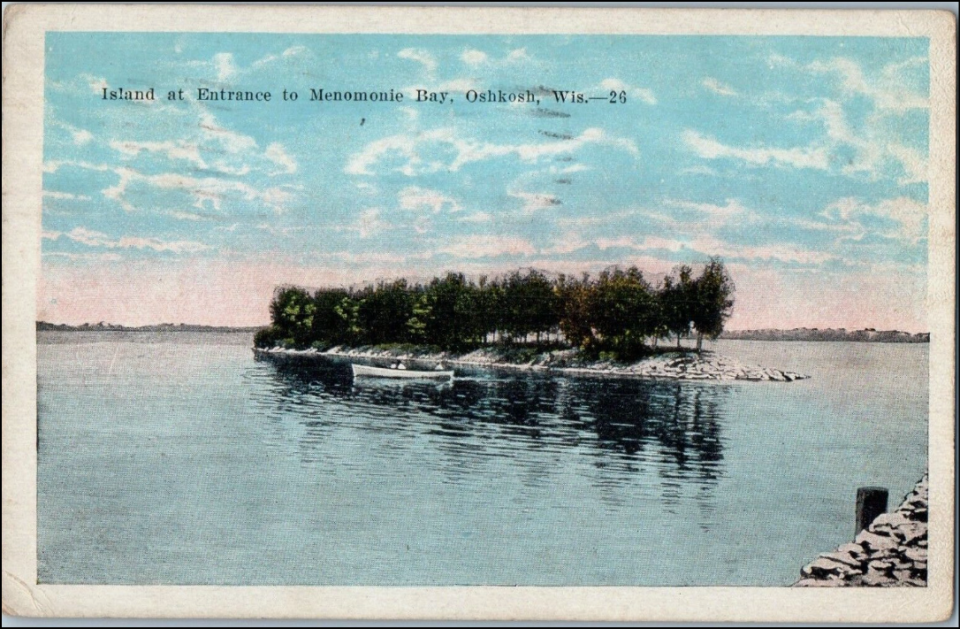 A lithographic postcard dating back to the 1910s depicts Oshkosh's tree-covered Monkey Island.