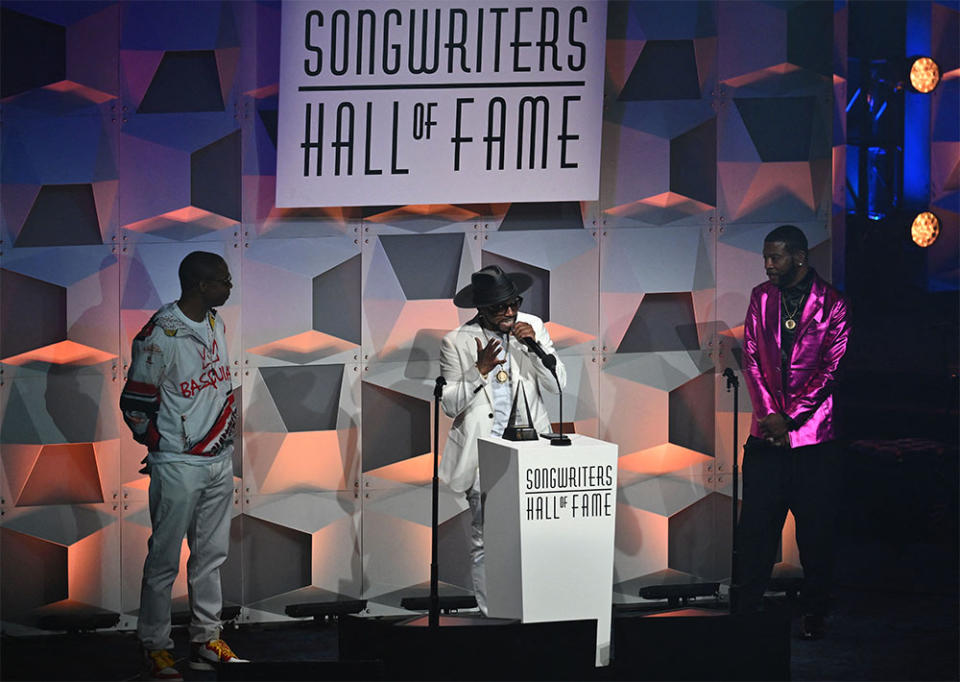 Doug E. Fresh and Keith Sweat listen as inductee Teddy Riley center speak onstage during the 52nd Songwriters Hall of Fame Induction and Awards Gala in New York City on June 15, 2023.