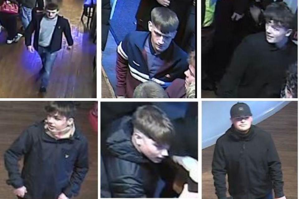 Police want to speak to these six males in connection with violence in a pub on the day of a Swindon Town game <i>(Image: Wiltshire Police)</i>