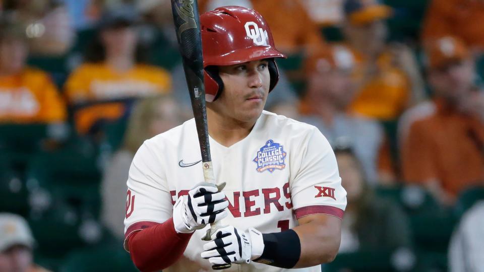 Oklahoma batter Diego Muniz (1) during an NCAA baseball game against Tennessee on Sunday, March 6, 2022, in Houston. (AP Photo/Michael Wyke). ORG XMIT: NYOTK