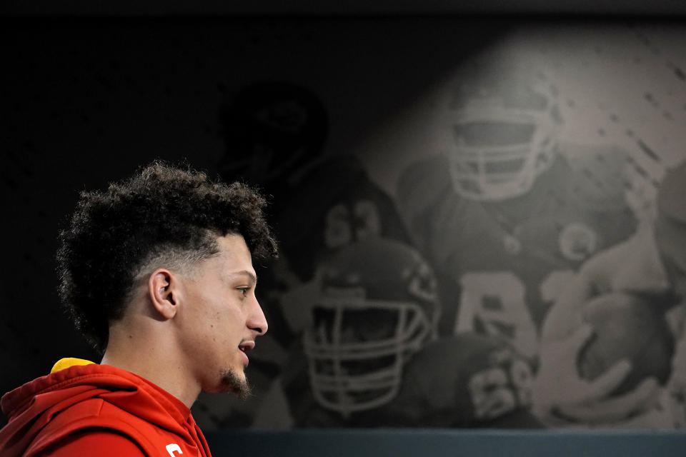 Kansas City Chiefs quarterback Patrick Mahomes talks to the media before an NFL football workout Thursday, Jan. 26, 2023, in Kansas City, Mo. The Chiefs are scheduled to play the Cincinnati Bengals Sunday in the AFC championship game. (AP Photo/Charlie Riedel)