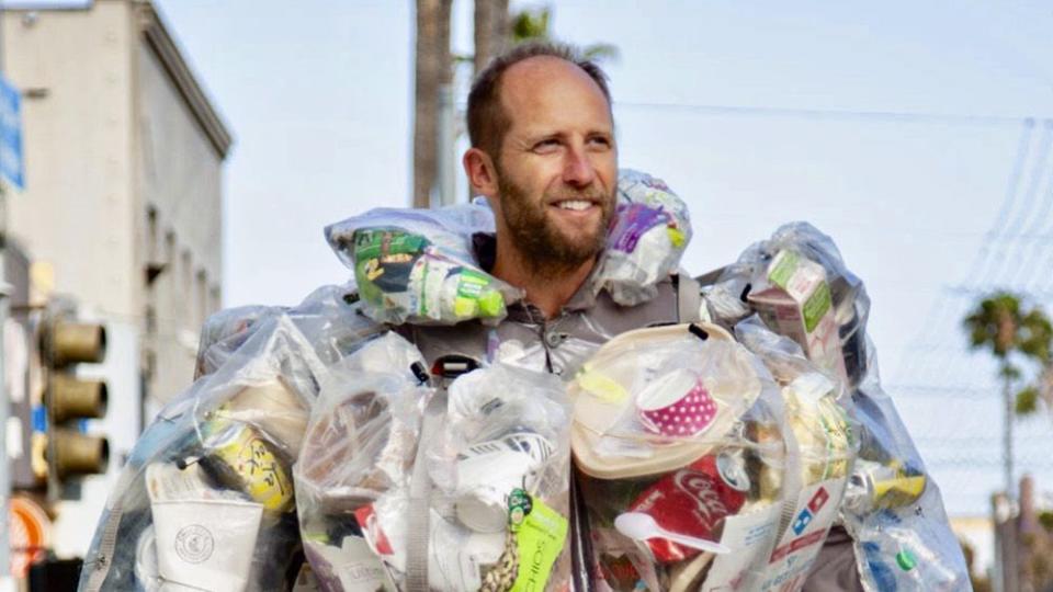 Rob Greenfield wearing his trash suit for his 30 days of trash project in Los Angeles