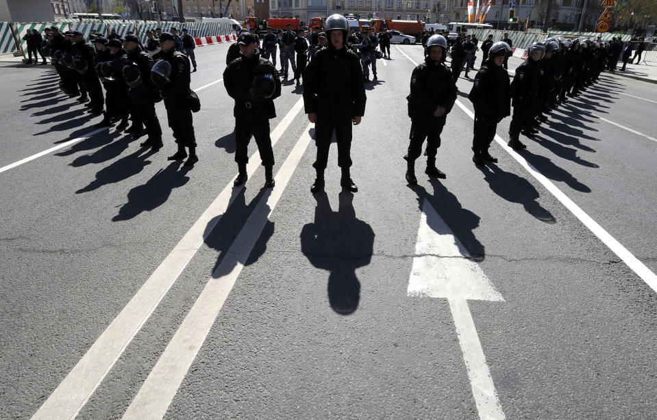 Police officers stand guard in Moscow