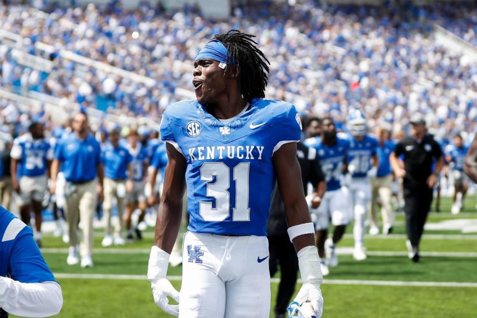 Kentucky cornerback Maxwell Hairston (31) had four tackles, three pass breakups and two interceptions, each of which he returned for touchdowns, in UK’s 45-28 win at Vanderbilt last week.