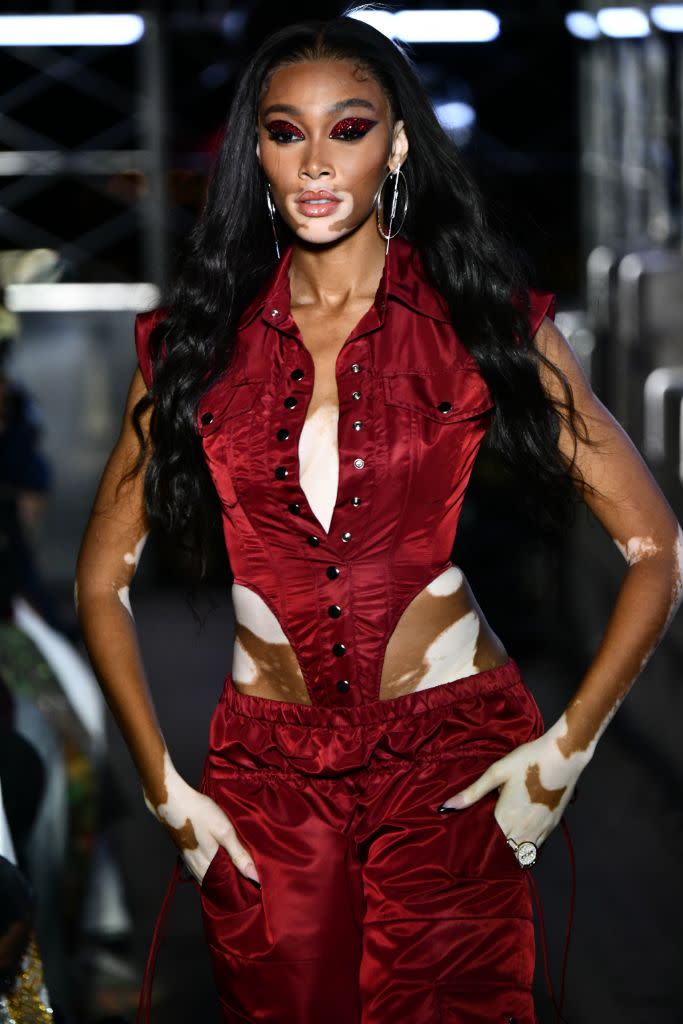 A low-rise look on Winnie Harlow at LaQuan Smith. - Credit: WWD