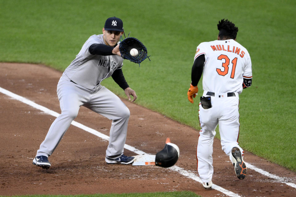 Baltimore Orioles' Cedric Mullins is out at first by New York Yankees first baseman Anthony Rizzo (48) during the third inning of a baseball game, Monday, May 16, 2022, in Baltimore. (AP Photo/Nick Wass)