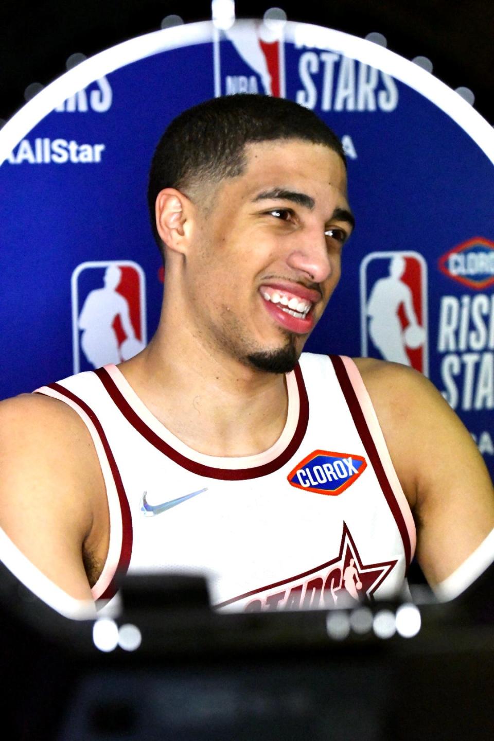 Indiana's Tyrese Haliburton speaks to the media after participating in the Rising Stars competition during NBA All-Star weekend at Rocket Mortgage Fieldhouse in Cleveland on Feb. 18, 2022.