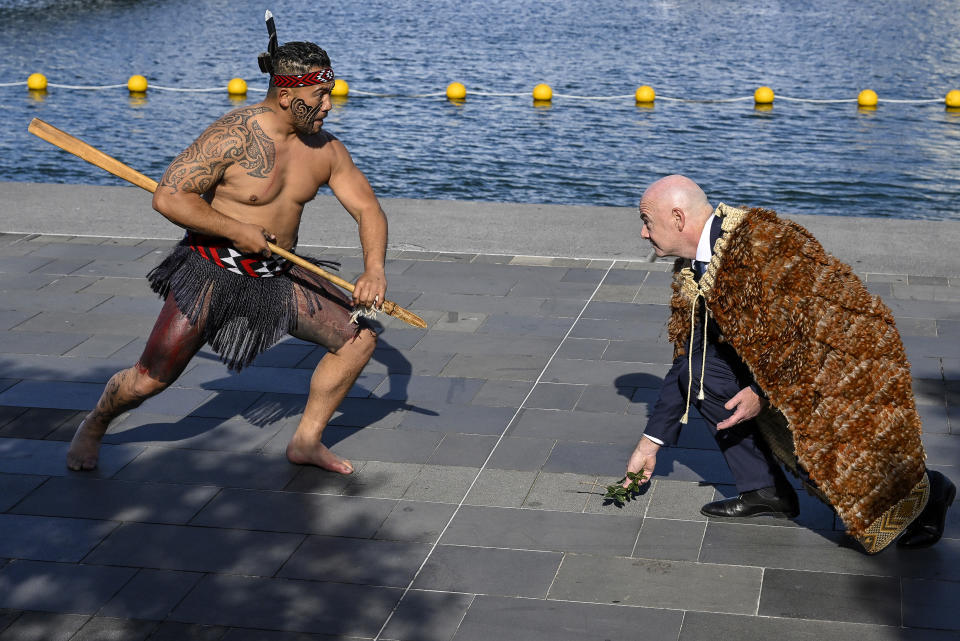 FIFA President Giovanni Infantino reacts to the Wero, a warrior challenge, during the Powhiri ceremony ahead of the FIFA Women's World Cup 2023 draw in Auckland, New Zealand on Friday Oct. 21, 2022. The draw for the tournament to be held in Australia and New Zealand in 2023 will be held on Saturday, Oct. 22. (Alan Lee/photosport.nz via AP)