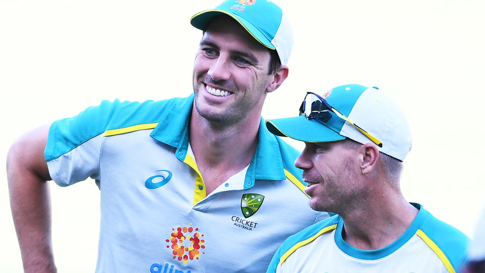 Pat Cummins and David Warner, pictured here at an Australian training session at Adelaide Oval.