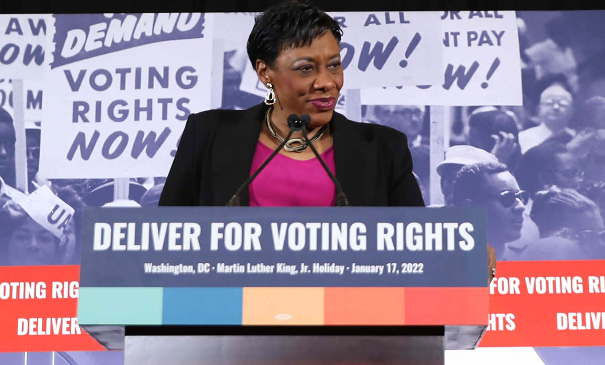 Becky Pringle speaks at an event for voting rights