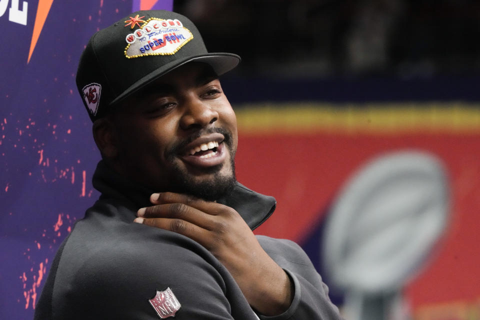 Kansas City Chiefs defensive tackle Chris Jones speaks to the media during NFL football Super Bowl 58 opening night Monday, Feb. 5, 2024, in Las Vegas. The San Francisco 49ers face the Kansas City Chiefs in Super Bowl 58 on Sunday. (AP Photo/Charlie Riedel)