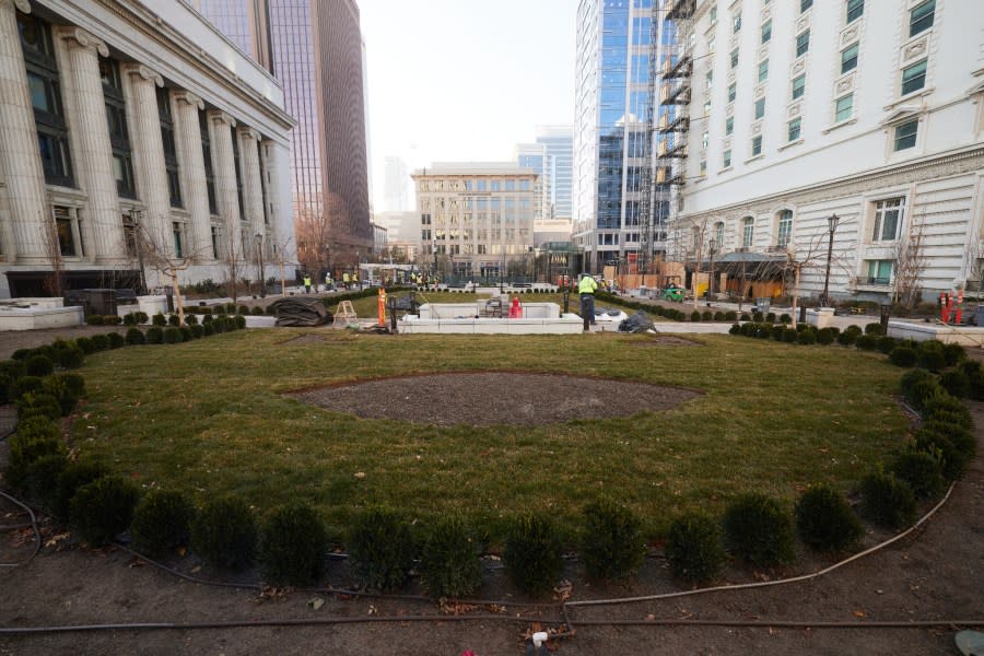 New plaza looking south between the Church Administration Building (left) and the Joseph Smith Memorial Building (right). The area will reopen to the public on Saturday, January 6, 2024. (Courtesy: Church of Jesus Christ of Latter-day Saints)