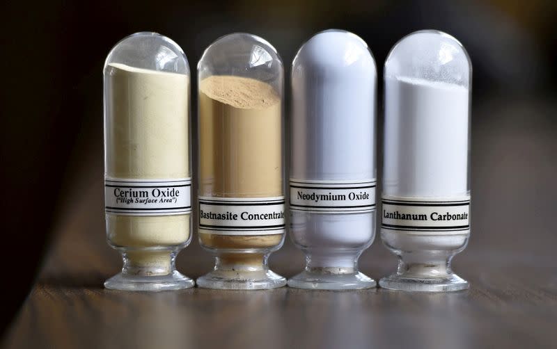 FILE PHOTO: Samples of rare earth minerals Cerium oxide, Bastnaesite, Neodymium oxide and Lanthanum carbonate