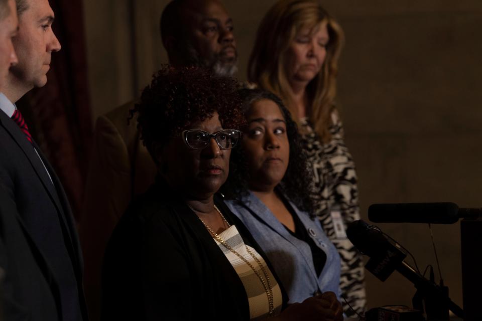 House Minority Leader Karen Camper, D- Memphis, speaks during a press conference following the last day of session at Tennessee State Capitol Building  in Nashville, Tenn., Friday, April 21, 2023. 