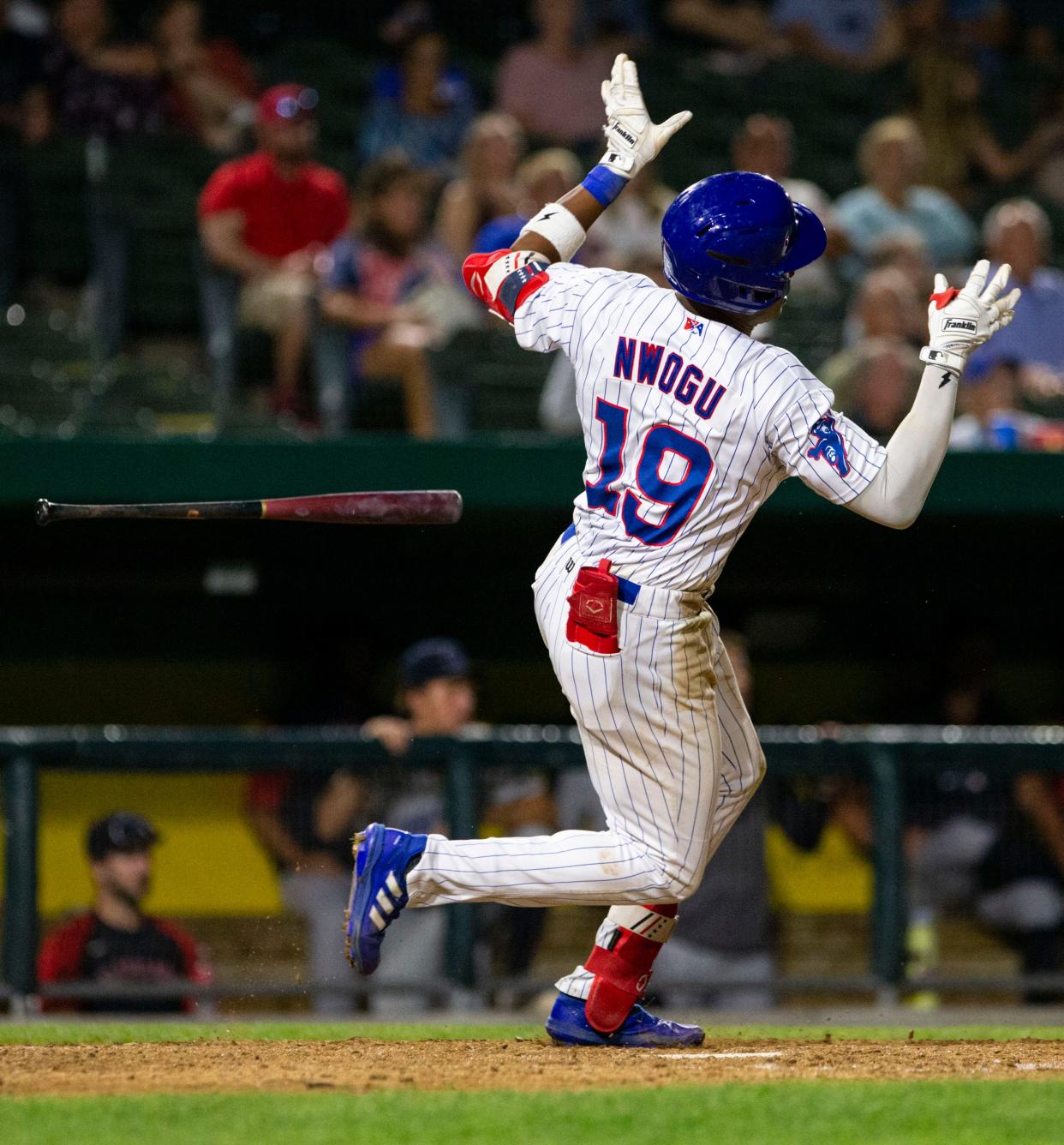 Jordan Nwogu during the South Bend Cubs v. Lake County Captains game on Thursday, July 28, 2022. Nwoguy became the first SB Cub to hit three home runs in a game last week.