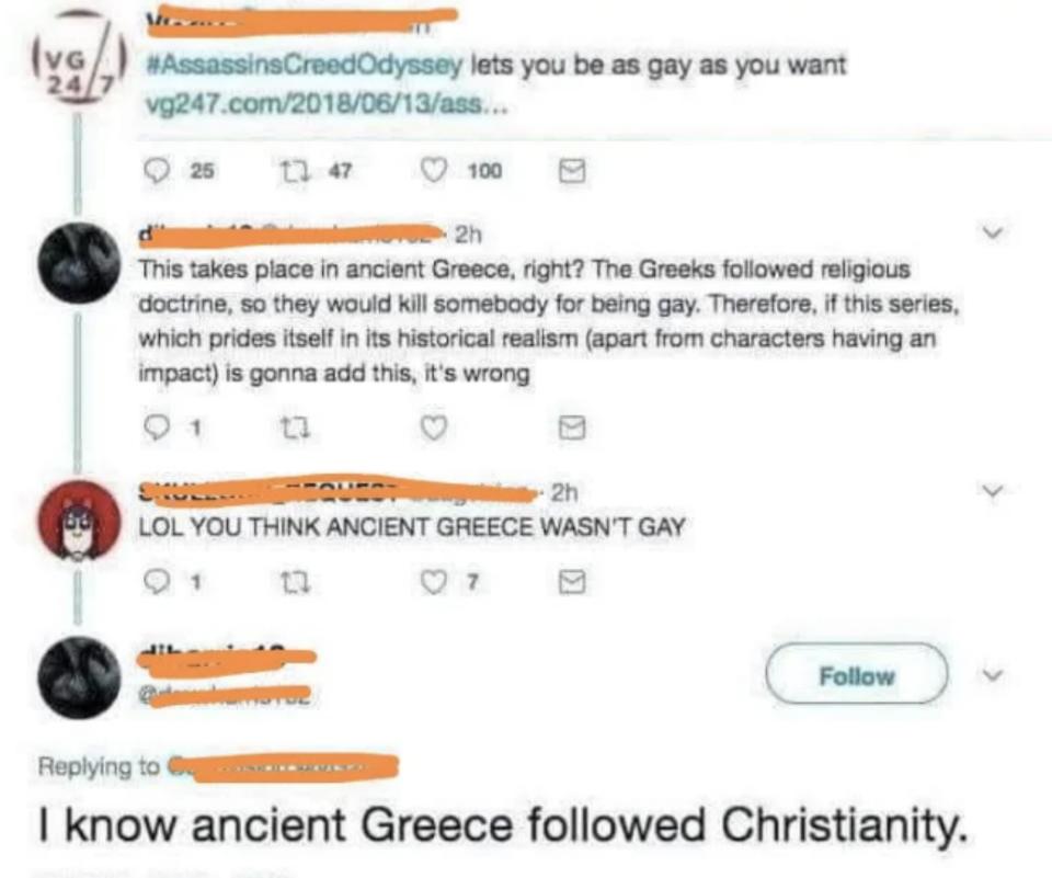 Screenshot of a Twitter conversation where users debate historical inaccuracies in a video game tweet about LGBTQ+ representation in ancient Greece, mentioning Christianity