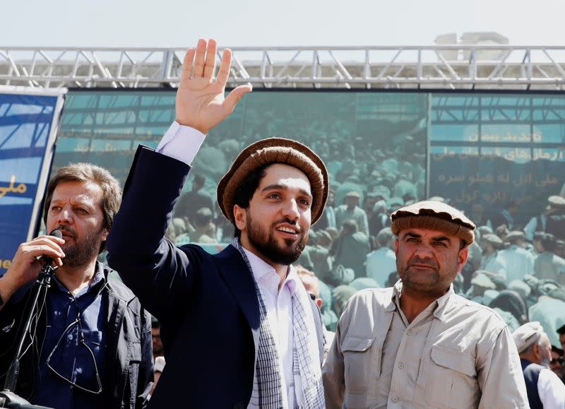 FILE PHOTO: Ahmad Massoud, son of the slain hero of the anti-Soviet resistance Ahmad Shah Massoud, waves as he arrives to attend a new political movement in Bazarak