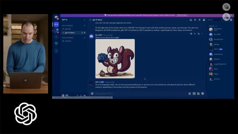 ▲OpenAI共同創辦人Greg Brockman今展示GPT-4最新特色，支援圖像輸入，還可幫忙計算稅收。（圖/翻攝自OpenAI YouTube直播影片）