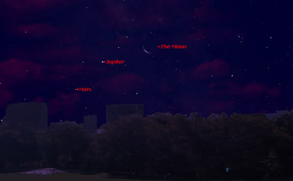 This sky map shows the locations of Jupiter, Mars and the moon just before dawn on Aug. 3, 2013 as seen from mid-northern latitudes.