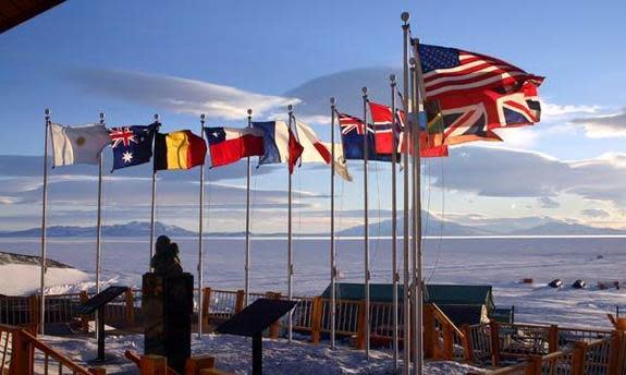 Flags fly outside McMurdo Station, one of three United States research station in Antarctica and the largest.