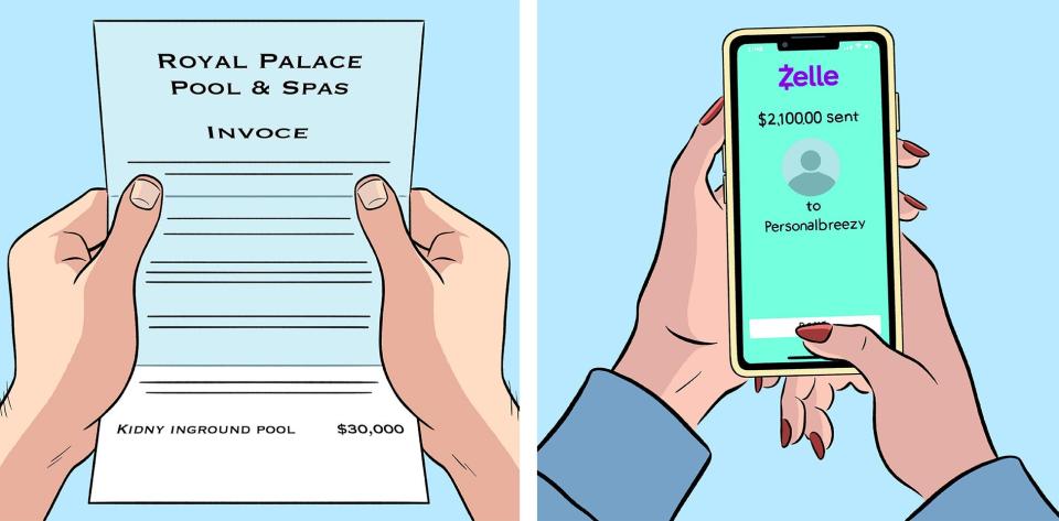 An illustration of an invoice on the left and someone sending money through Zelle on the right