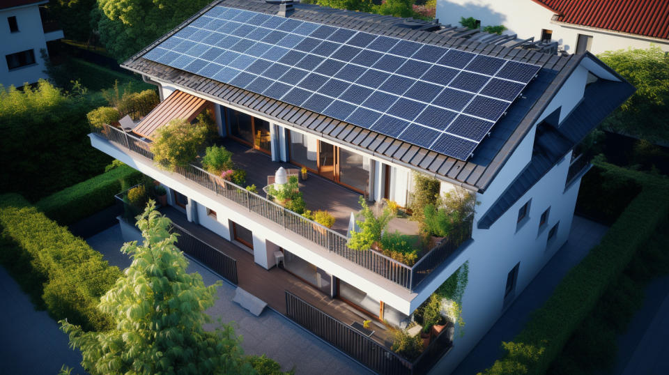 A top view of a residential building, showing solar panels and energy efficient solutions.