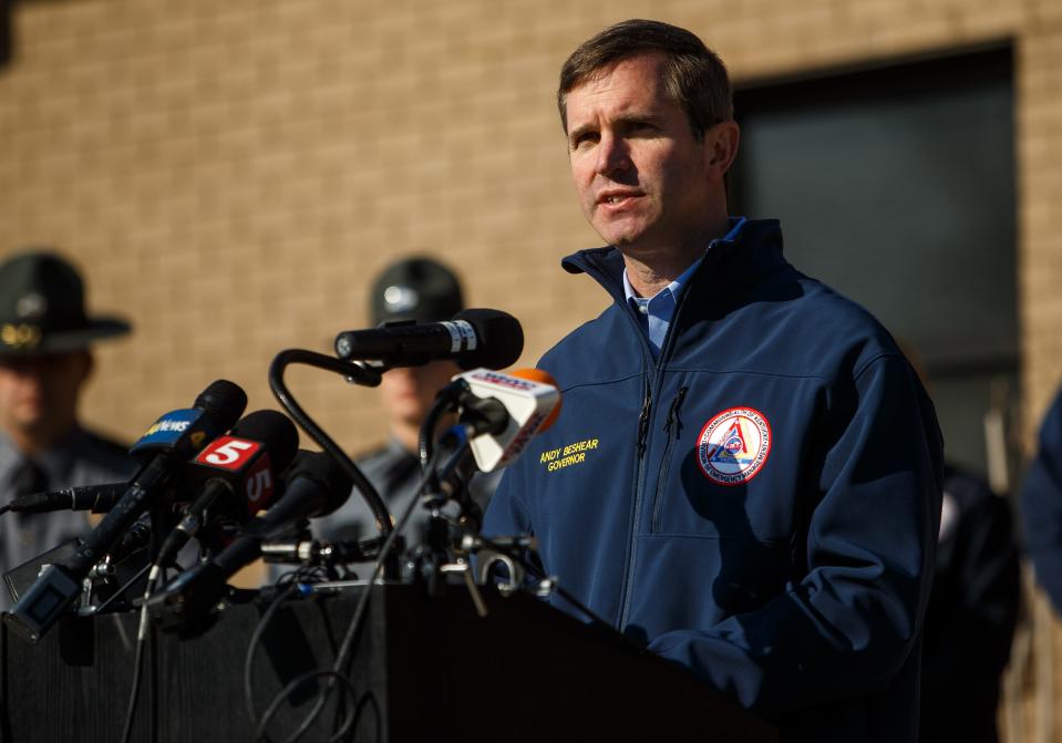 Governor Andy Beshear speaks to the press in regards to the ongoing Black Hawk crash that occurred early in the morning outside of Fort Campbell in Christian County, KY. on Mar. 30, 2023.