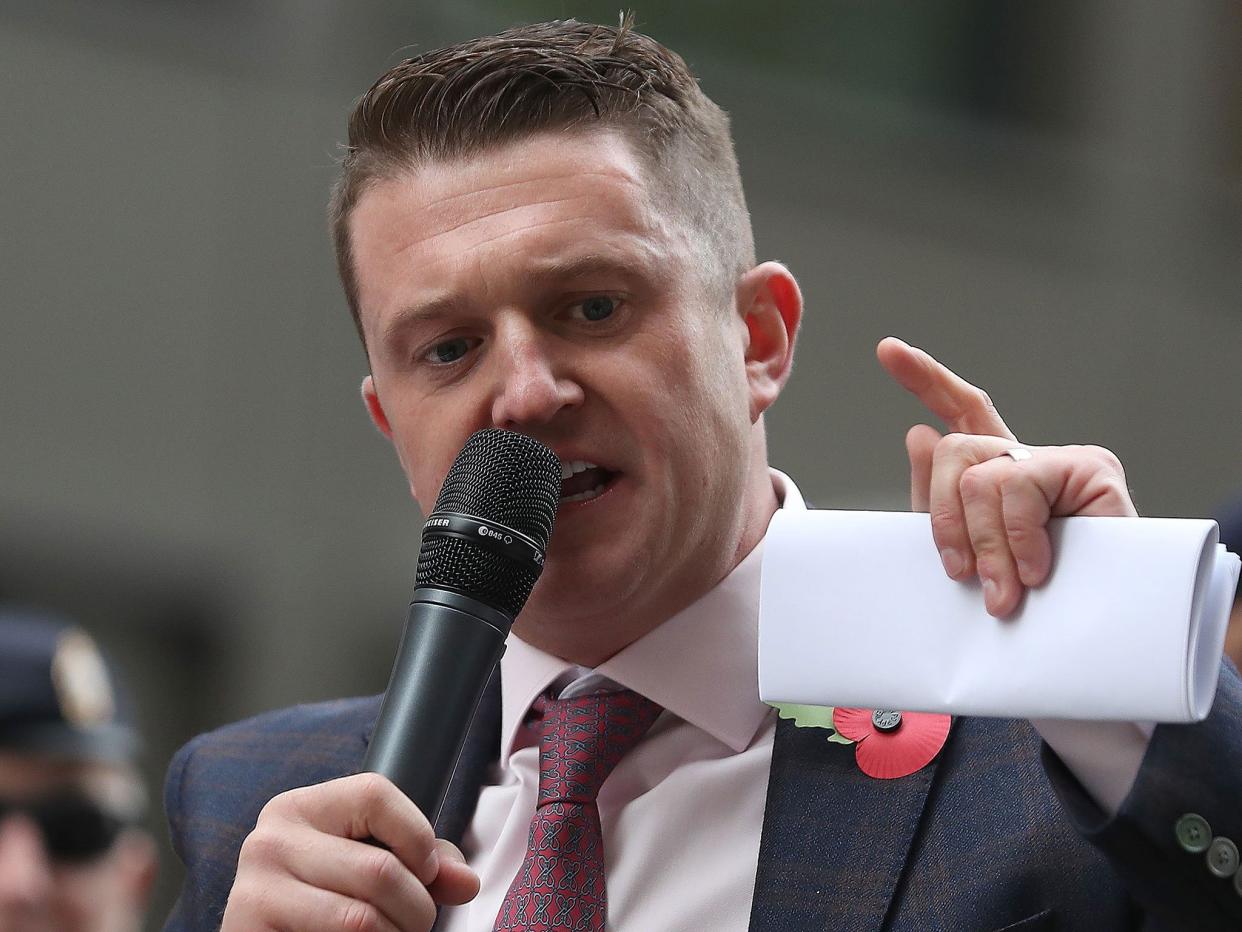 Tommy Robinson speaking to a crowd of supporters outside the Old Bailey on 23 October: AFP/Getty