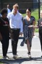 <p>Meghan<a href="https://www.townandcountrymag.com/style/fashion-trends/a29151569/meghan-markle-black-white-dress-first-appearance-royal-tour-south-africa-photos/" rel="nofollow noopener" target="_blank" data-ylk="slk:wore a printed black and white dress;elm:context_link;itc:0;sec:content-canvas" class="link "> wore a printed black and white dress</a> with black espadrilles for a visit to the Justice Desk, an organization that teaches children and women about self-defense, human rights, and empowerment. This is the Duke and Duchess of Sussex's first engagement in South Africa.</p>