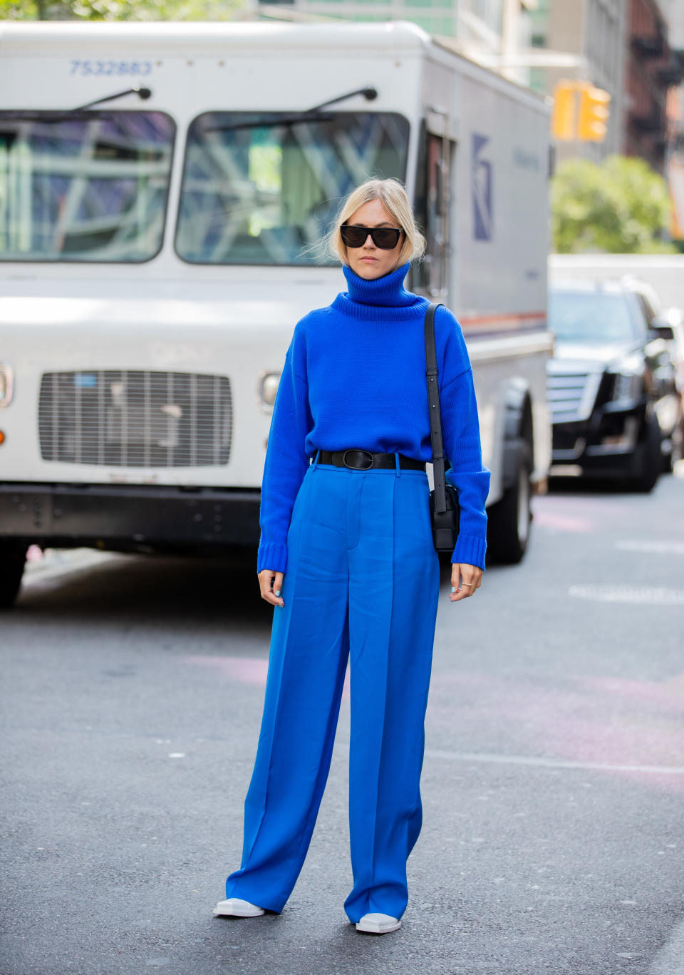 NEW YORK, NEW YORK - SEPTEMBER 09: Linda Tol seen weraing blue turtleneck and pants during New York Fashion Week September 2019 on September 09, 2019 in New York City. (Photo by Christian Vierig/Getty Images)