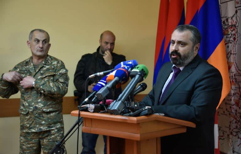 David Babayan, the spokesman of the Armenia-backed separatist presidency in Karabakh, holds a press conference in Stepanakert on April 4, 2016