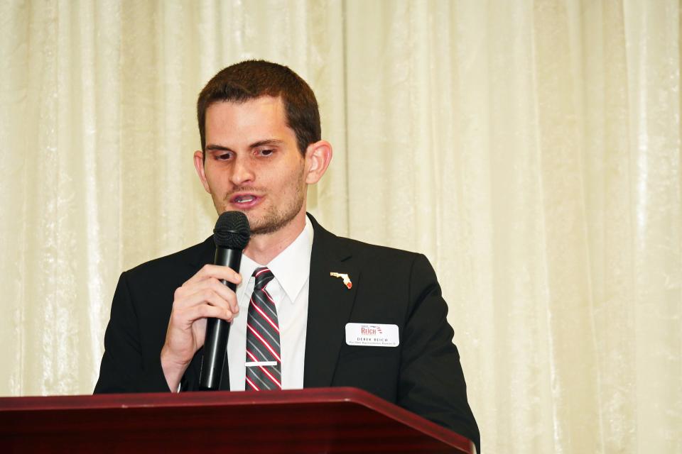 Democrat Derek Reich, who is running to unseat State Rep. Fiona McFarland in the State House District 73 race, spoke at the July 27 Hob Nob, hosted by the Venice Area Chamber of Commerce, Venice Area Board of Realtors and South County Tiger Bay Club.