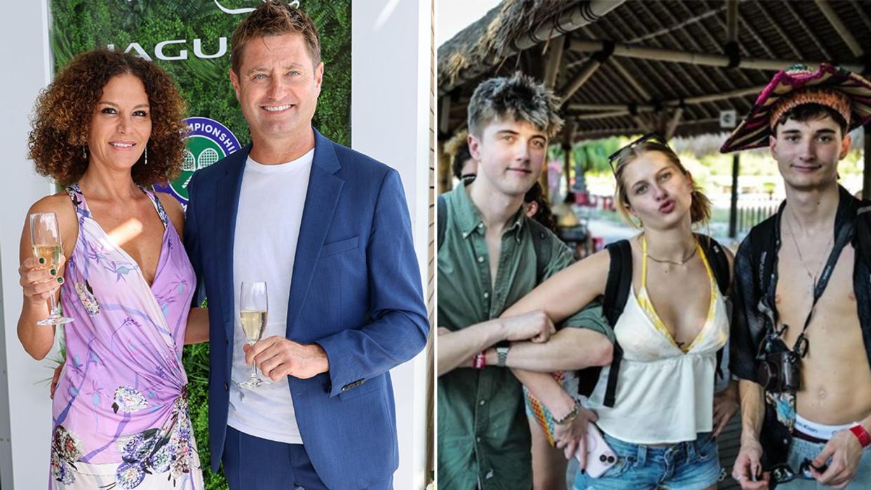 Split image of George Clarke with girlfriend Florence and his three children