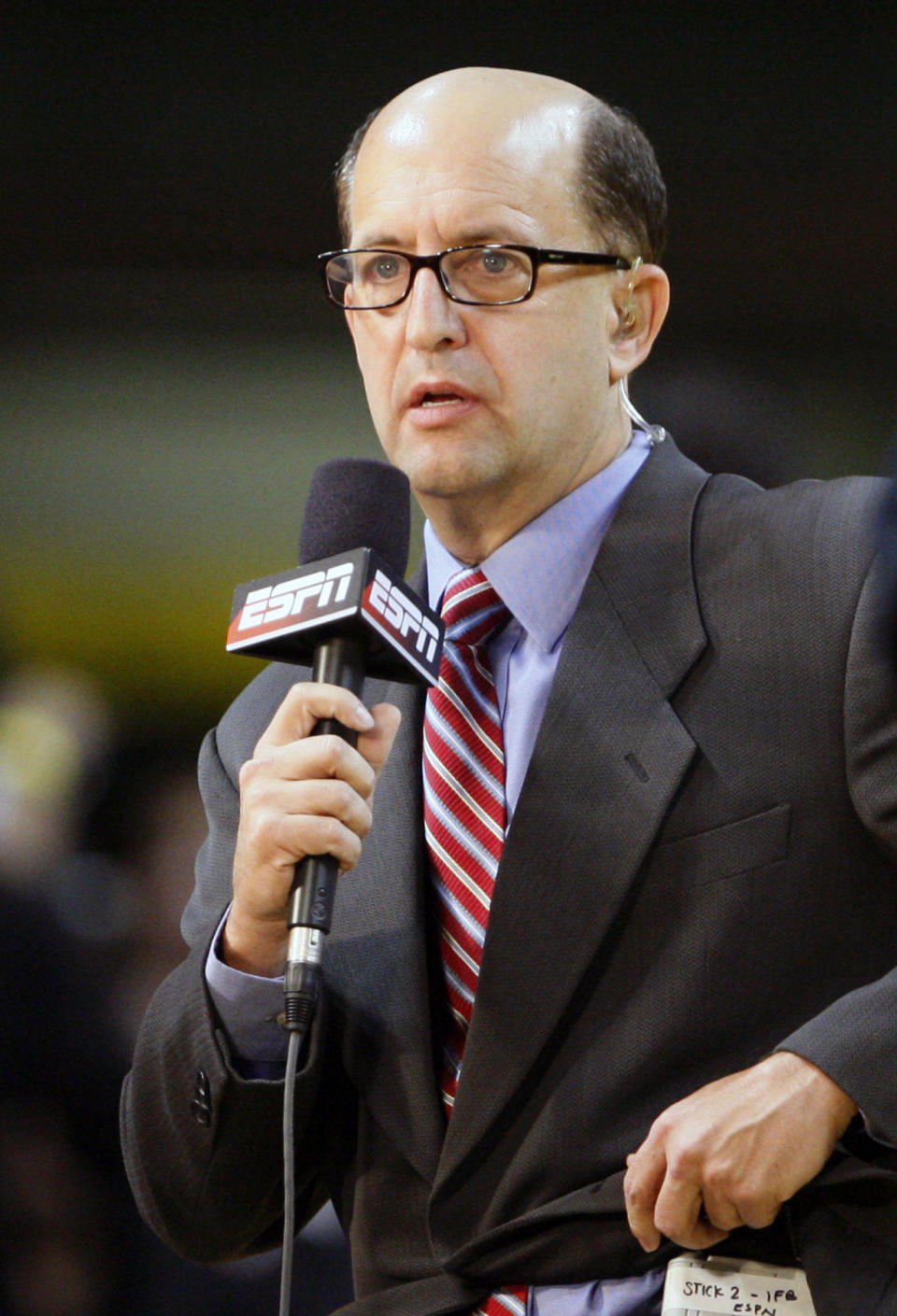 FILE - Jeff Van Gundy, ESPN NBA analyst, is shown before the start of a preseason NBA basketball game between the Miami Heat and the New Orleans Hornets in Miami, Oct. 6, 2012. Jeff Van Gundy, Suzy Kolber, Jalen Rose and Steve Young are among roughly 20 ESPN commentators and reporters who were laid off on Friday, June 30, 2023, as part of job cuts by the network. (AP Photo/Wilfredo Lee, File)
