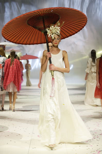 A model showcases designs by Akira on the catwalk as part of Mercedes Benz Fashion Festival Sydney 2012 at Sydney Town Hall on August 21, 2012 in Sydney, Australia. (Photo by Matt King/Getty Images)