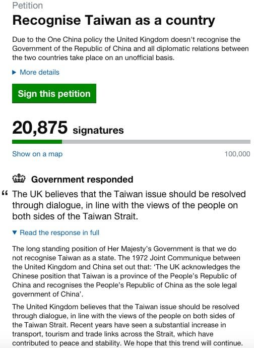 英國公民發起「承認台灣為一個國家連署」，英國政府5日回應「不承認台灣為國家」（取自Recognise Taiwan as a country）