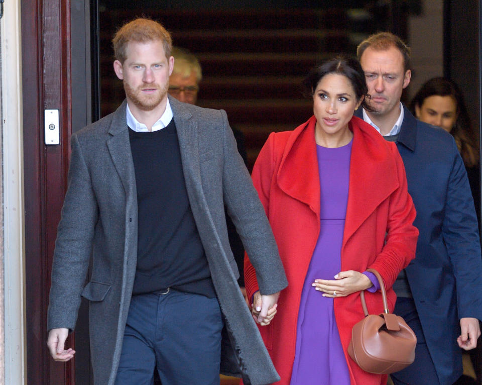 Prince Harry, Duke of Sussex and Meghan, Duchess of Sussex meet members of the public during a visit of Birkenhead at Hamilton Square on January 14, 2019 in Birkenhead, UK.  