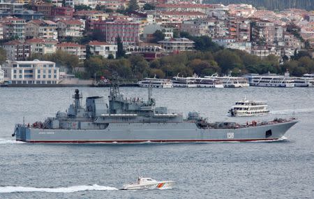 The Russian Navy's large landing ship Caesar Kunikov sails in the Bosphorus, on its way to the Mediterranean Sea, in Istanbul, Turkey, September 27, 2016. REUTERS/Murad Sezer